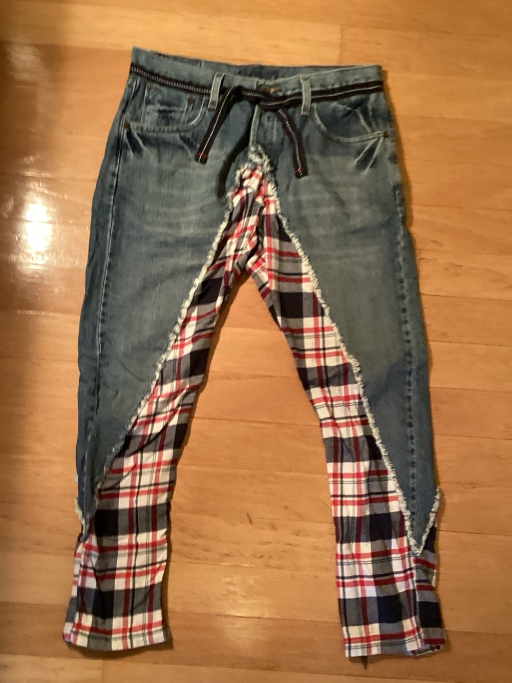 Plaid-Panel Skinny Levi Signiture Jeans in Blue Denim